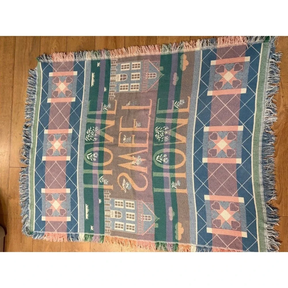 Vintage Home Sweet Home Woven Tapestry Throw Blanket Fringed Cottagecore 48x34
